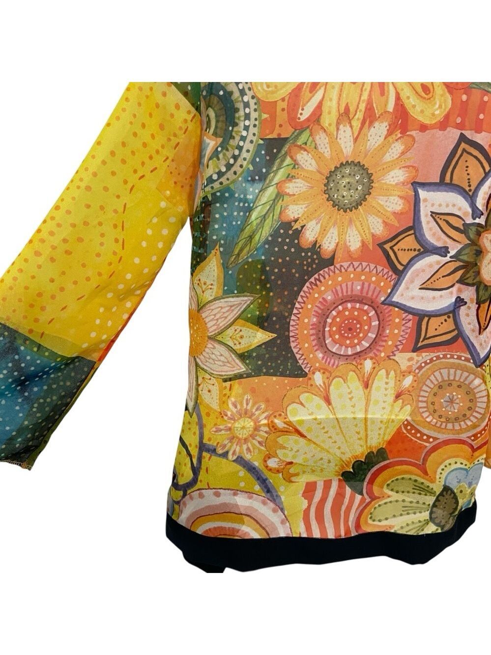 Desigual sheer festive top 3/4 sleeves floral Pom Pom V neckline orange yellow - Picture 6 of 16